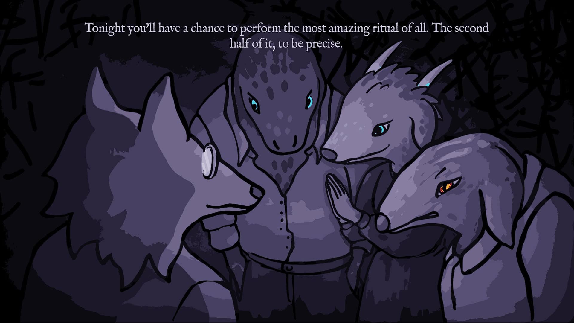 Burn With Me screenshot showing four anthropomorphic characters huddled around each other.