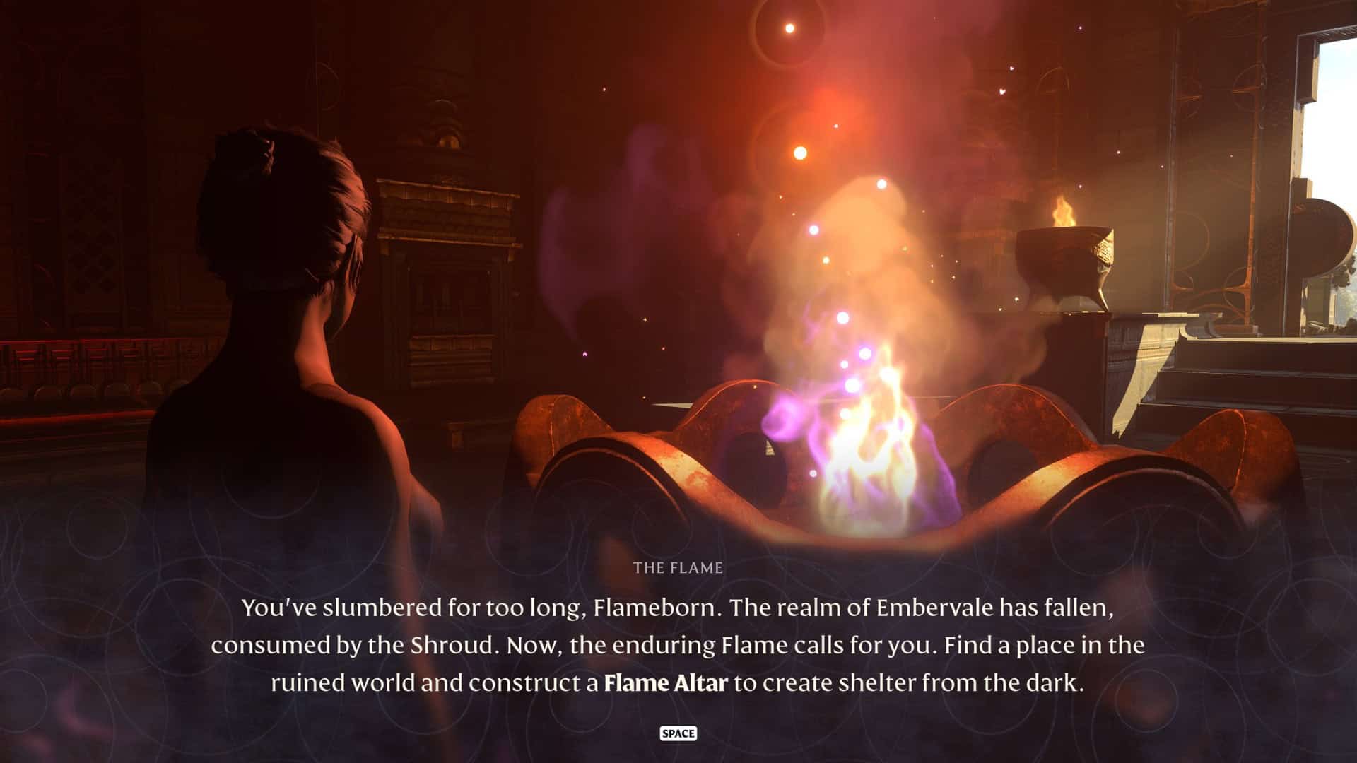 Enshrouded screenshot showing the character speaking to a flame inside a brazier.
