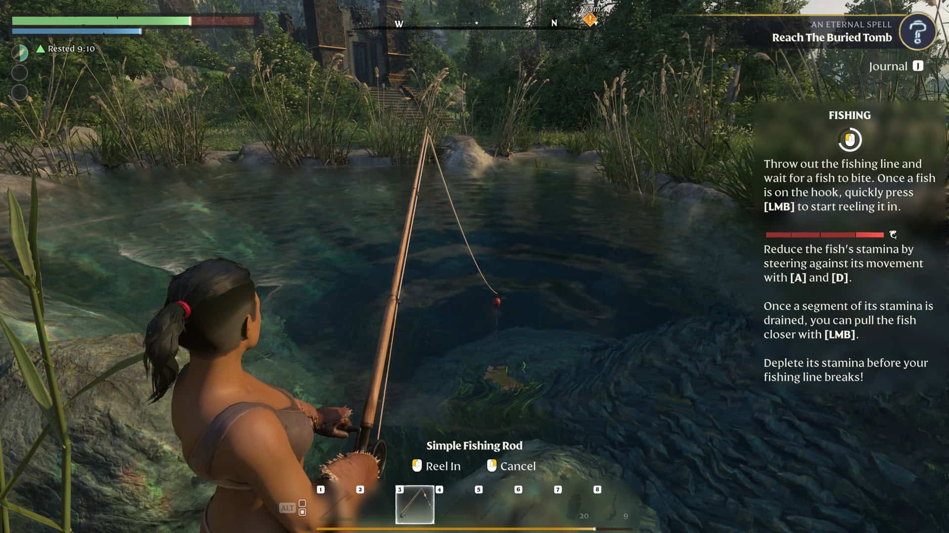 Enshrouded screenshot showing the character fishing from a small pond.