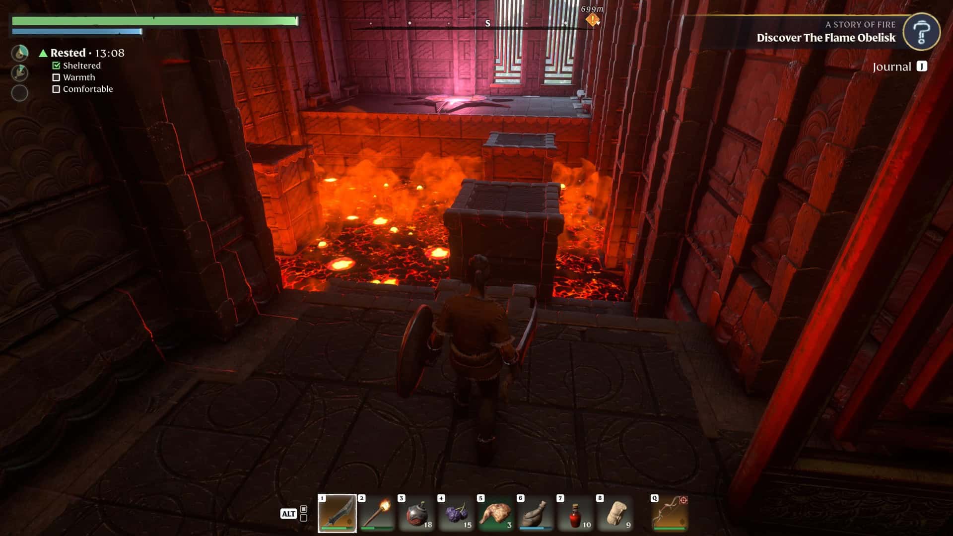 Enshrouded screenshot showing a platforming section with small blocks above a pool of lava.
