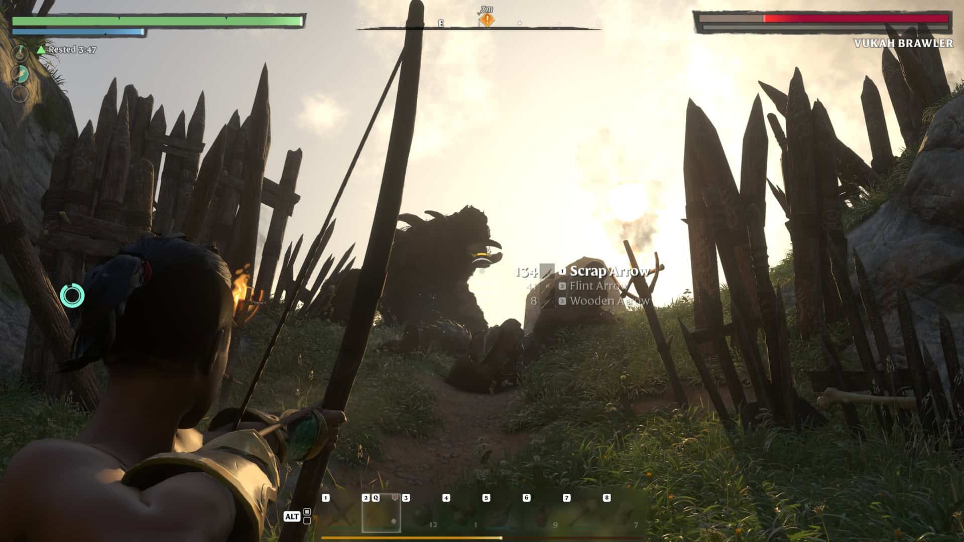 Enshrouded screenshot showing the character drawing her longbow aiming at a large monster.
