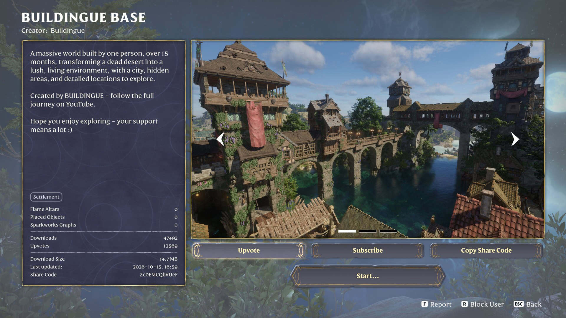 Enshrouded screenshot showing the adventure sharing interface and a large medieval-style settlement.