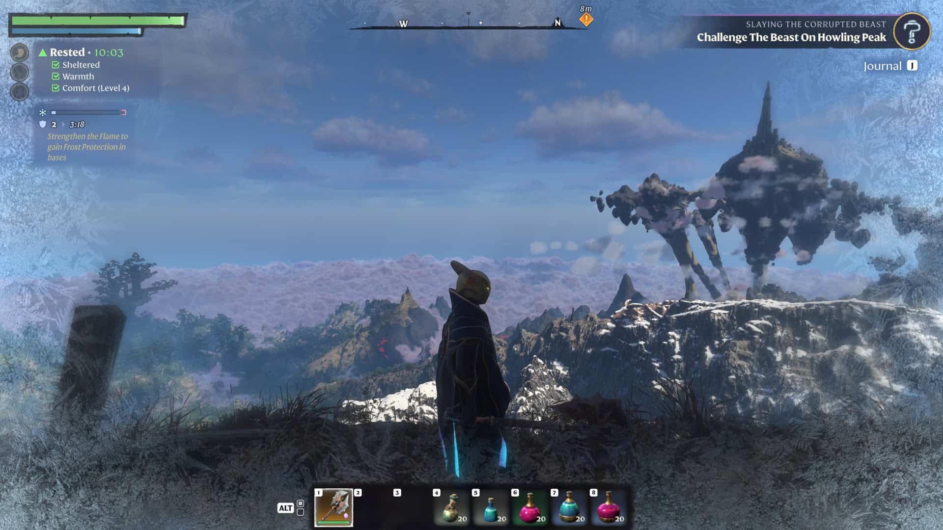 Enshrouded screenshot showing a mountainous landscape and a strange floating island in the distance.