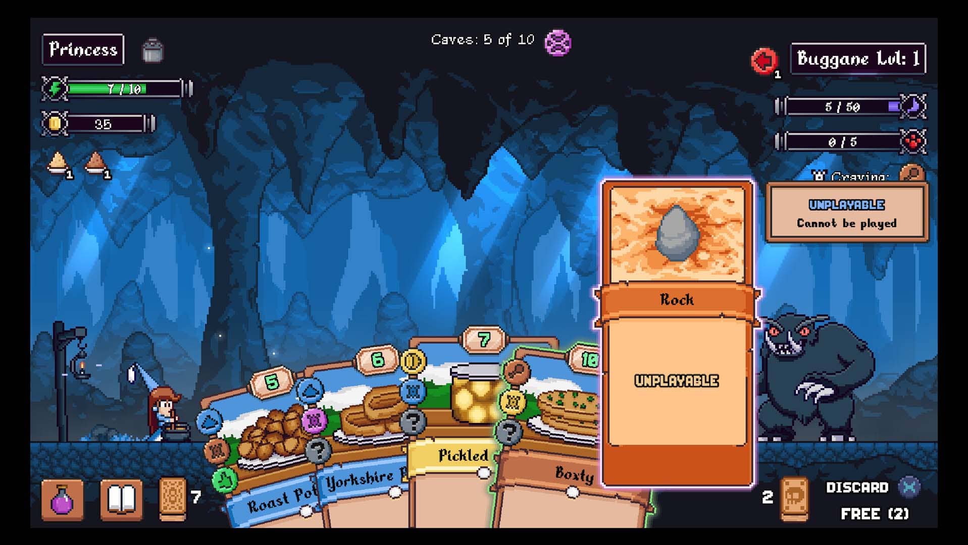 Enemy adding a rock card to your deck in Hungry Horrors.