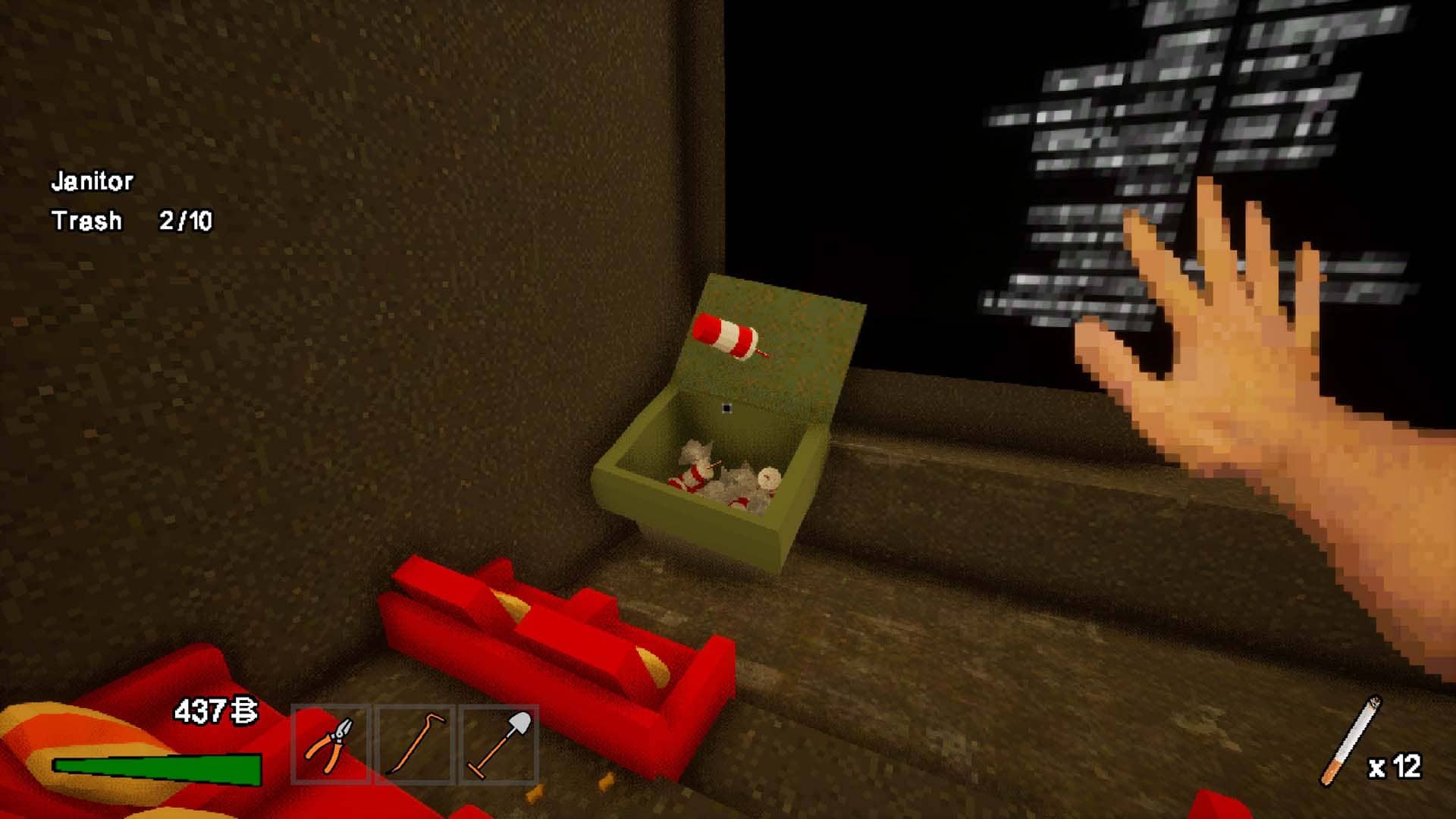 Throwing trash into a dumpster in Odd Town.