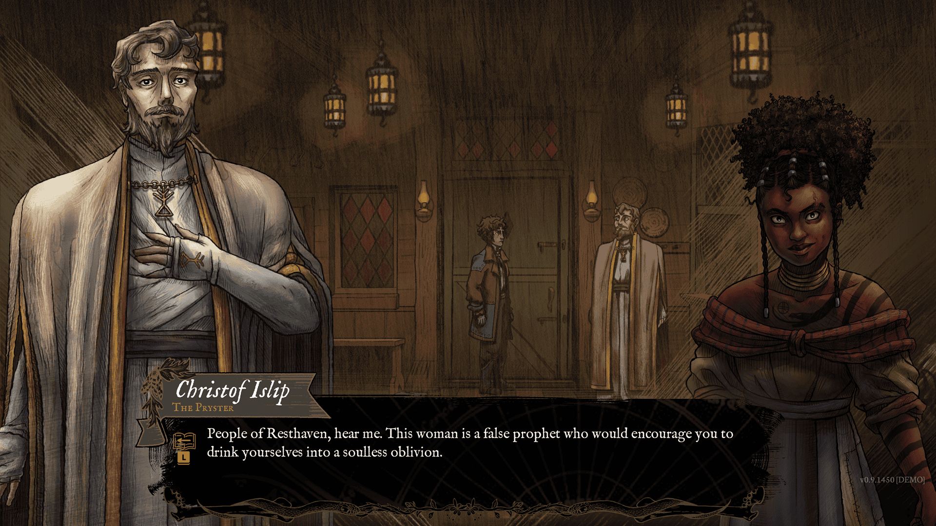 The pryster talking to the tavern's barkeeper.