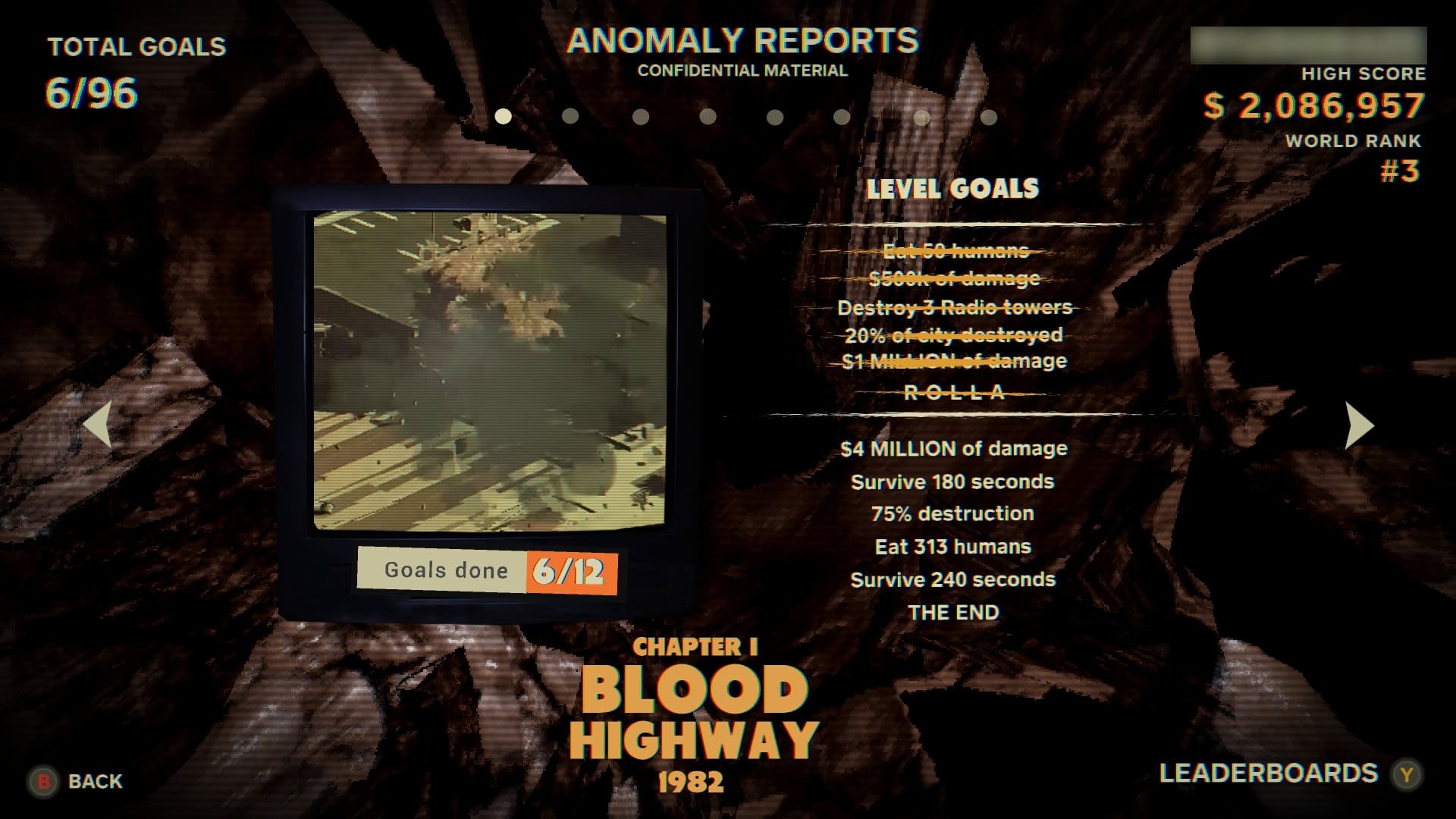 The Stage Select screen, showing completed challenges, high score, and ranking
