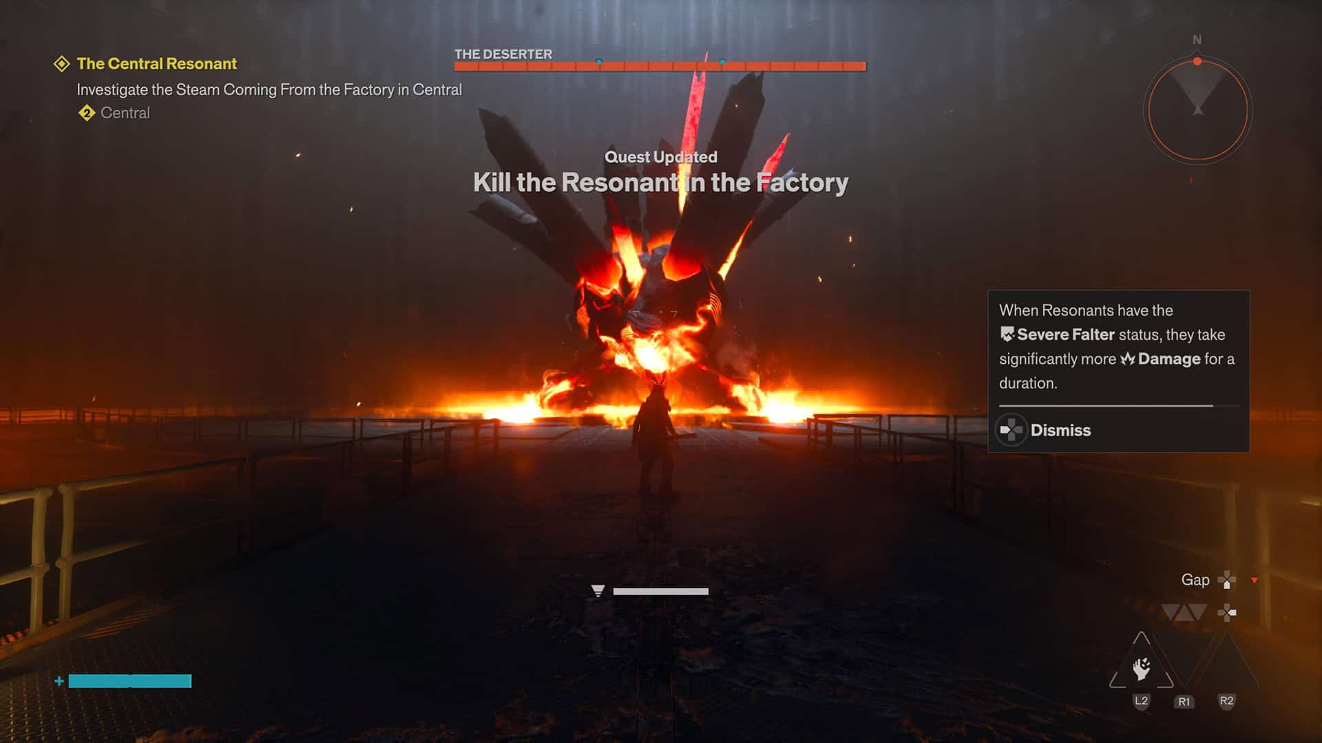 A man with a stick in his right hand looks at a gigantic creature made out of rock and lava