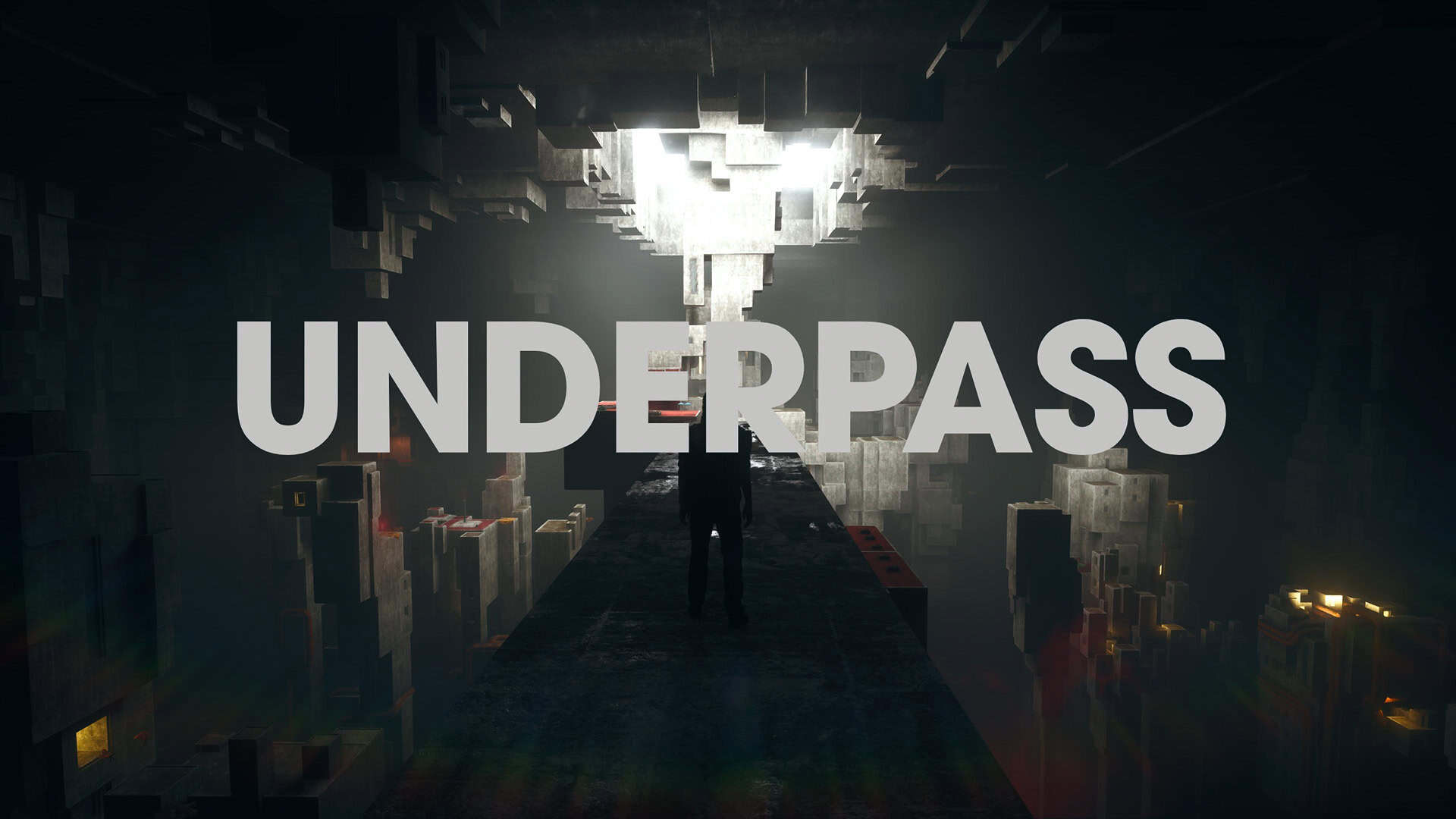 Large text covers a man looking into a deep cavern, the text reads "UNDERPASS"