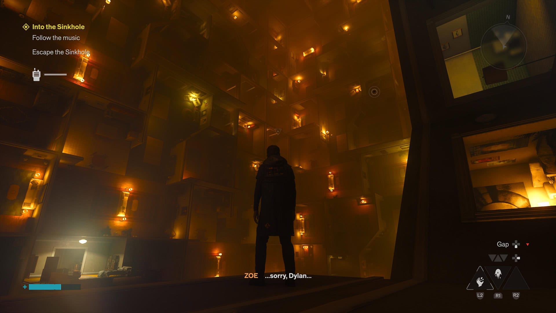 A man looks out into an endless void of rooms that span up and down a vast tunnel.