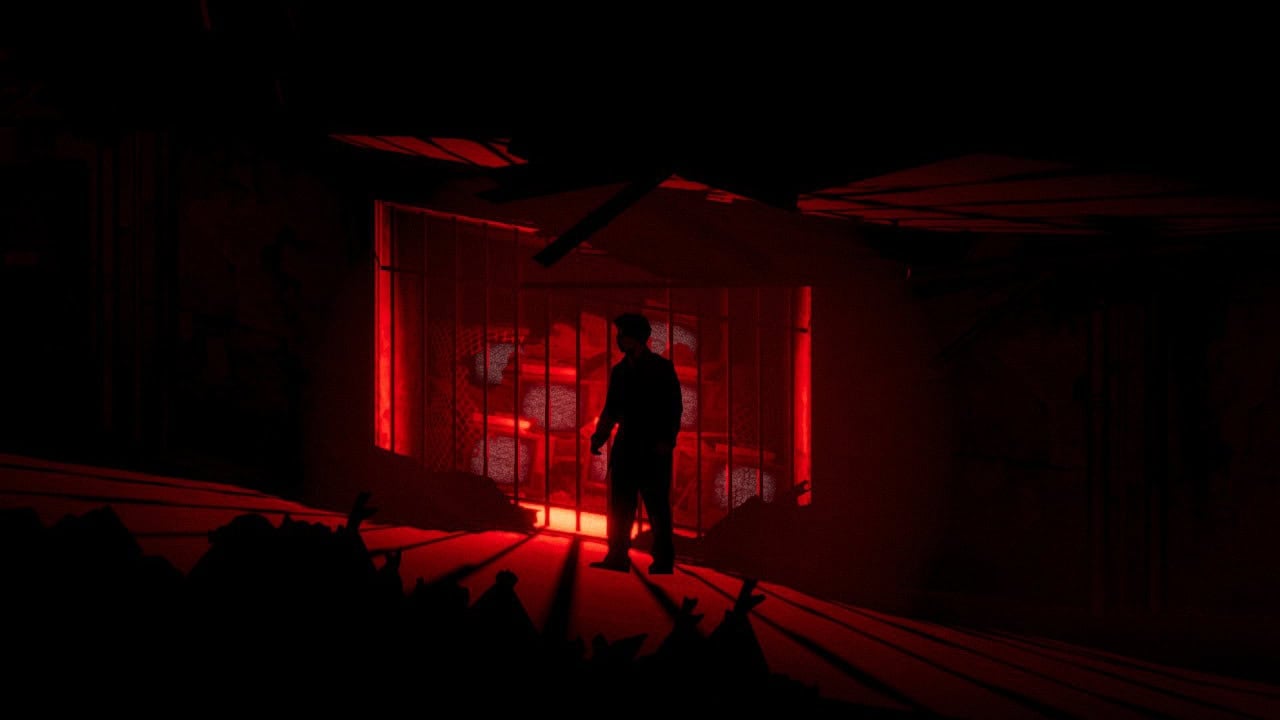 A screenshot of a dark tunnel lit by red television screens in Silver Pines.