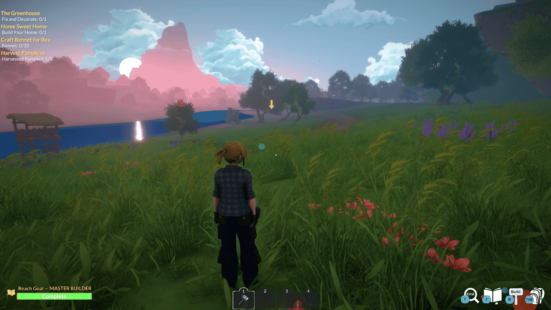 A woman in a plaid shirt stands in a field of tall grass and flowers. In t he distance, the sun is going down behind a mountain range. There is also a bright orange arrow floating in the middle distance.