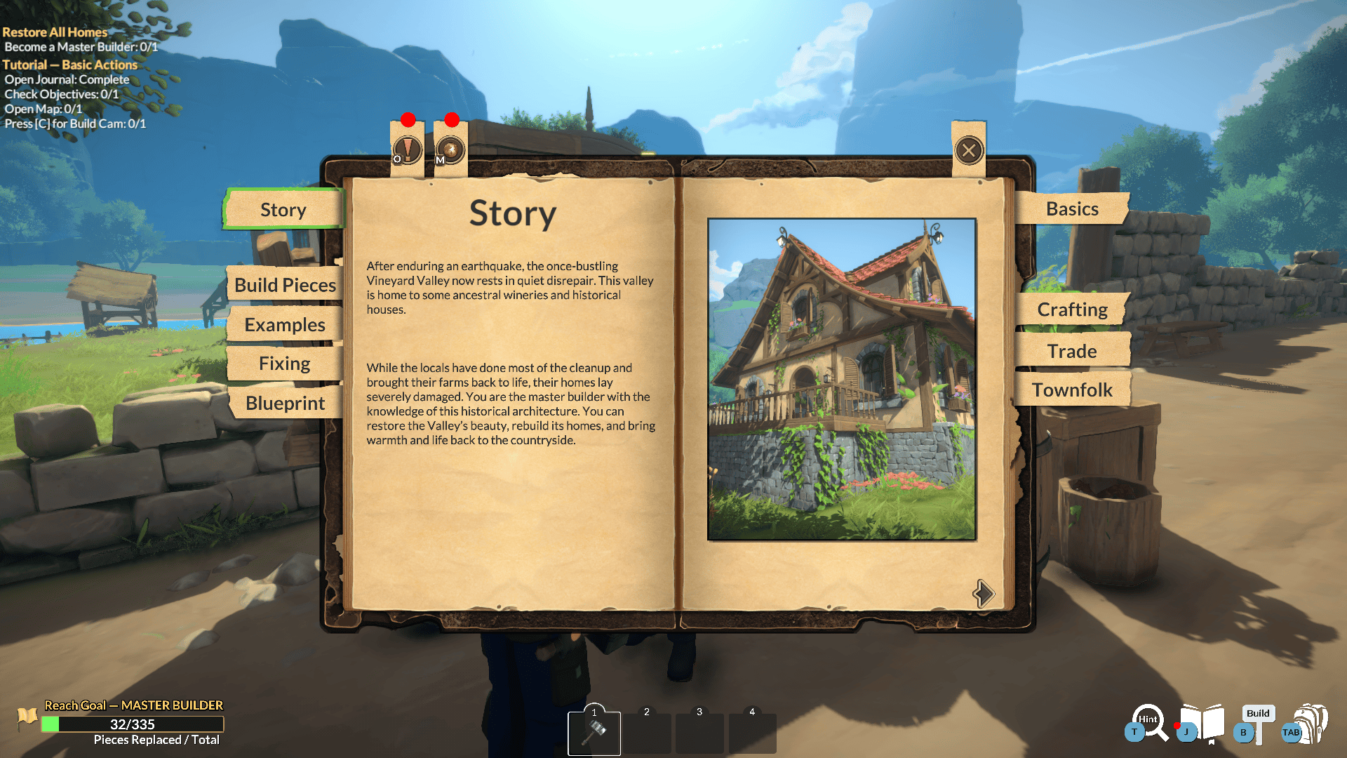 Against the backdrop of a dirt road with grassy fields on either side and a blue sky, a journal is open to a page labeled "Story" with a picture of an english style cottage with a red tile roof. There are tabs for Basics, Trade, Townfolk, Crafting, Blueprint, Objectives, and Map.