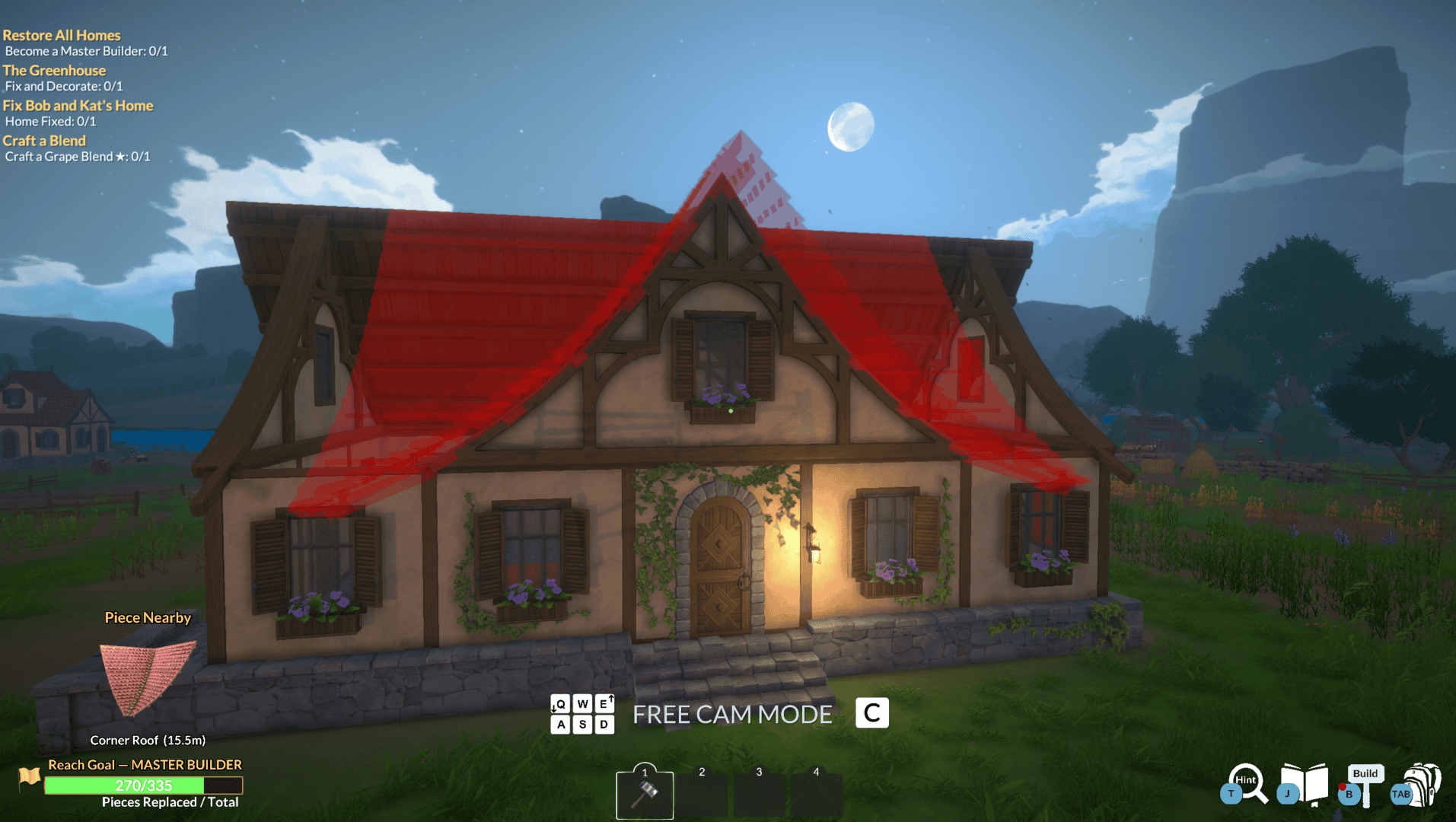 An english cottage style house in a green grassy field with a night sky and a moon in the background. The roof is highlighted in red.