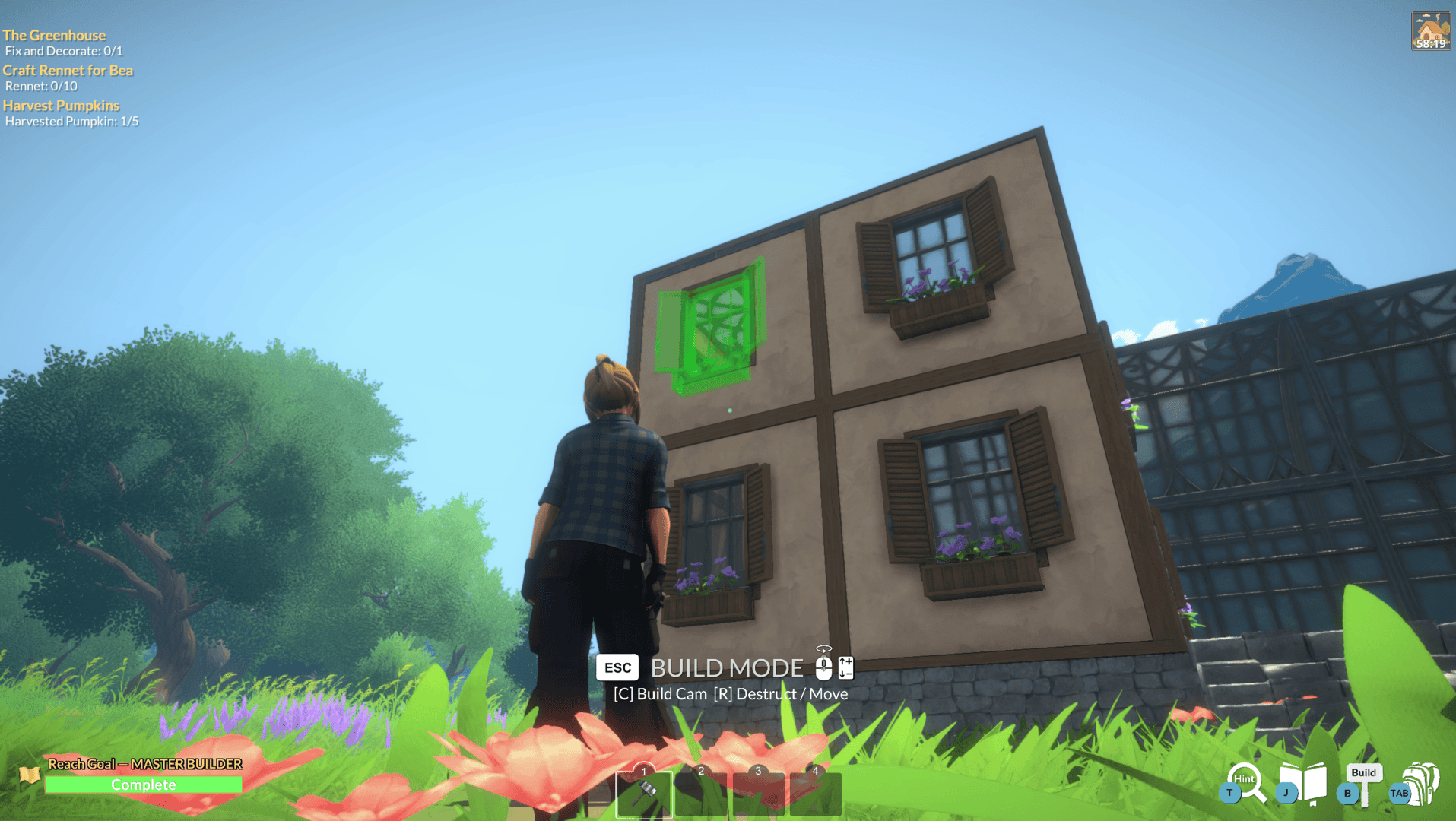 in a sunny grassy field, a woman stands with her back to the viewer looking at a two-story building. One of the windows on the second story is highlighted in green