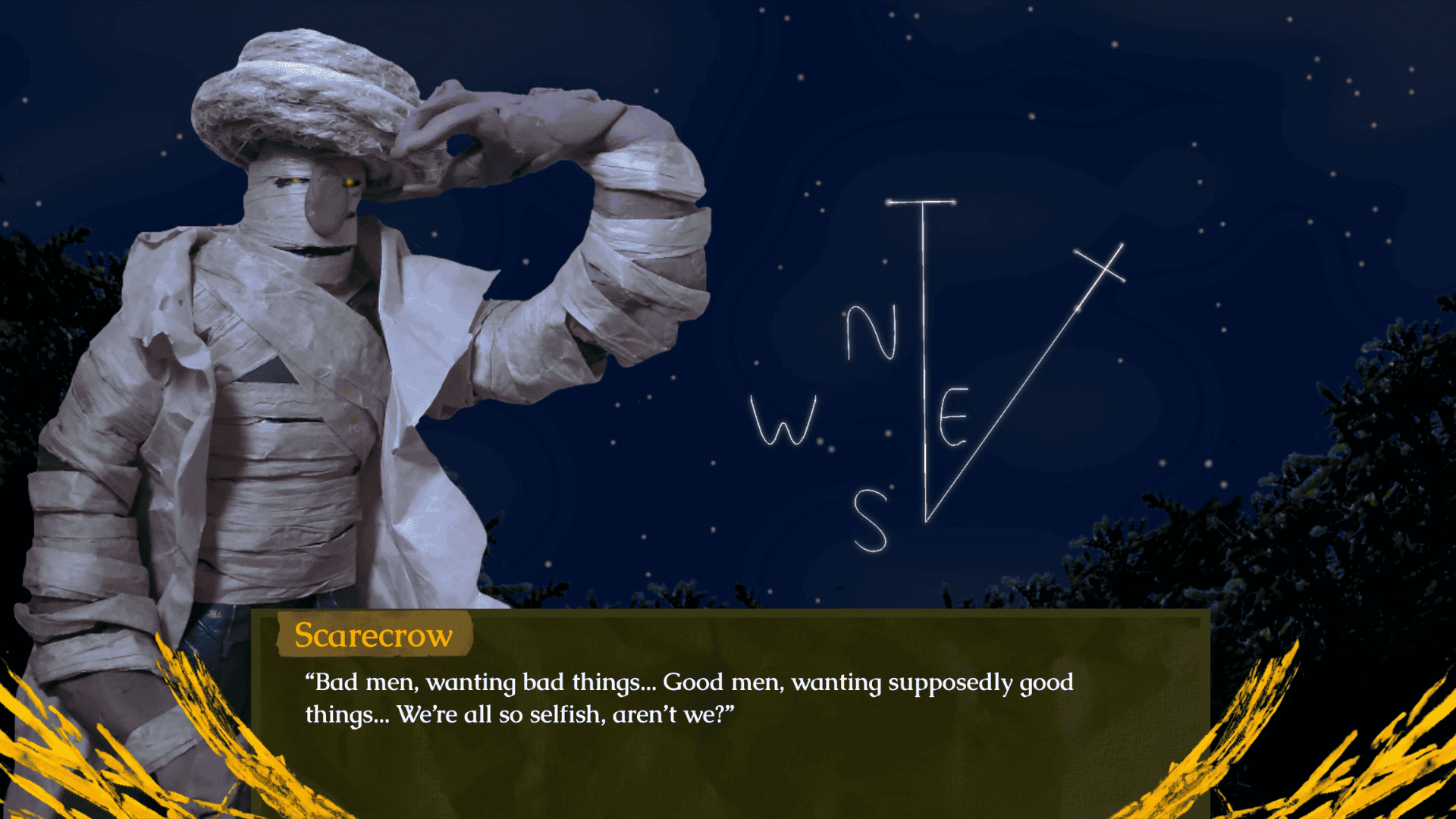 girl & scarecrow, screenshot of scarecrow character talking with constellations in background