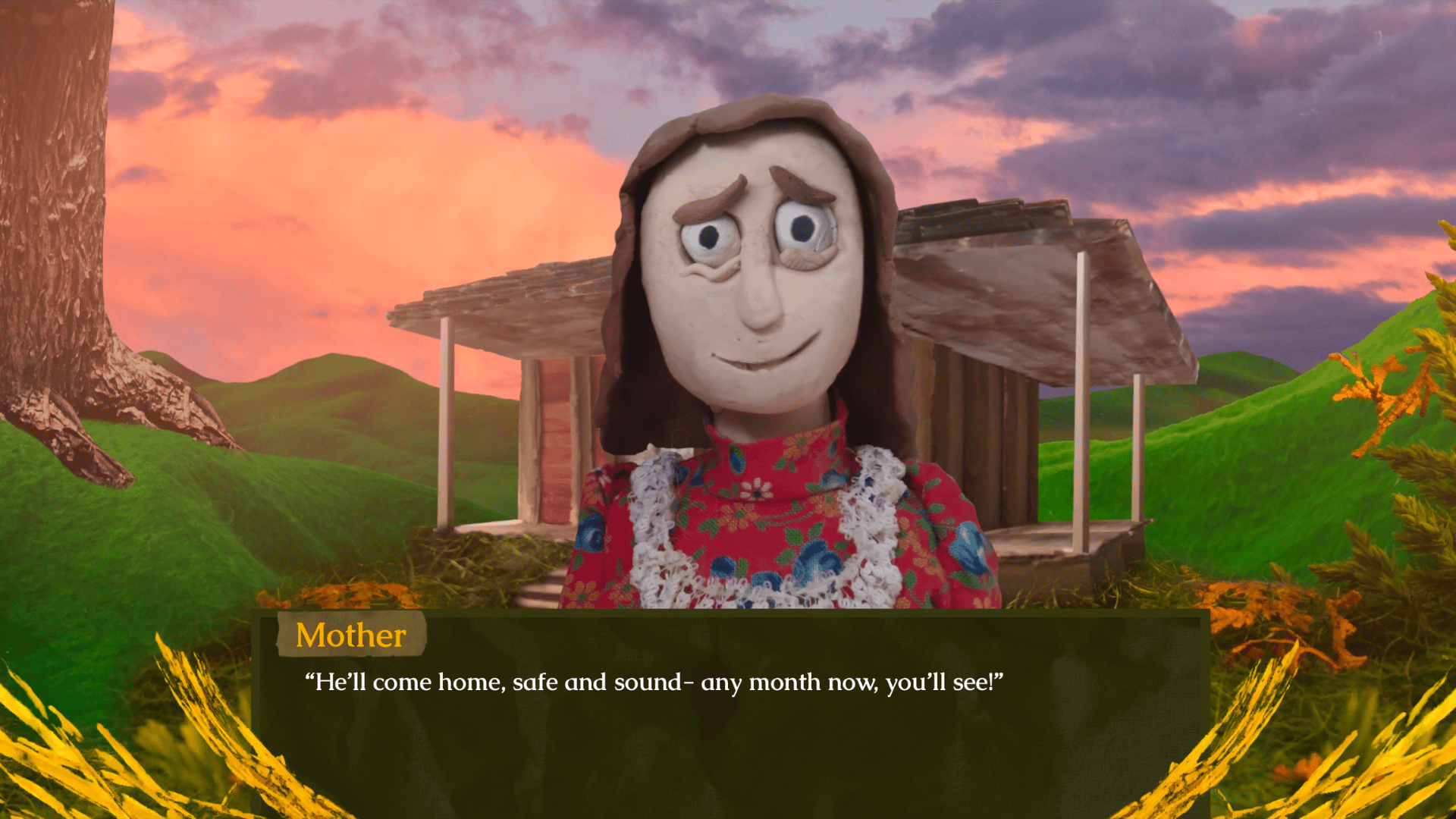 girl & scarecrow picture of mother chatting to daughter outside house