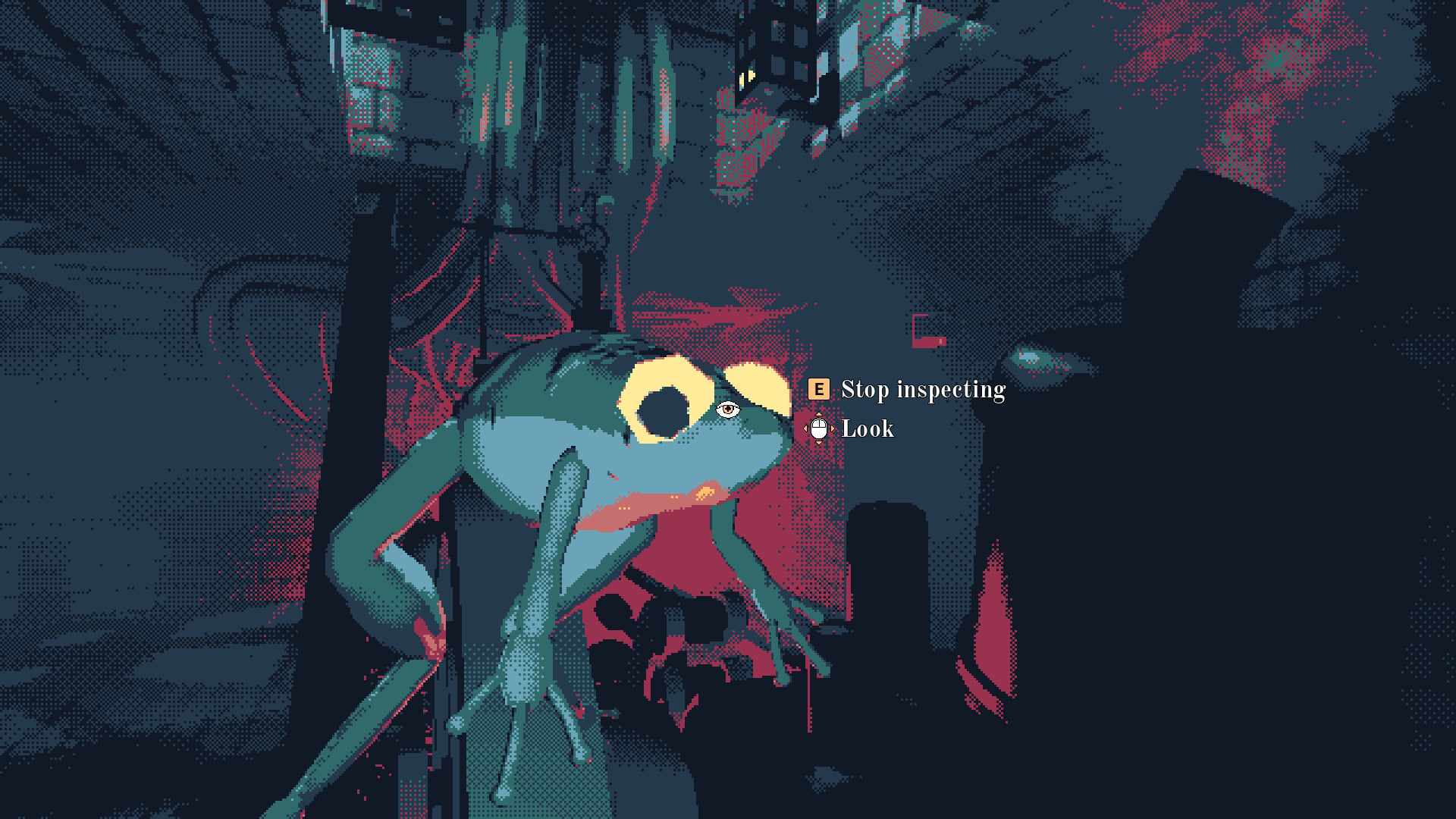 An industrial setting with brick walls and pipes criss-crossing the ceiling and an eerie red light glowing somewhere in the background. A frog floats in the player's view with the options "Stop Inspecting" and "look" next to it.