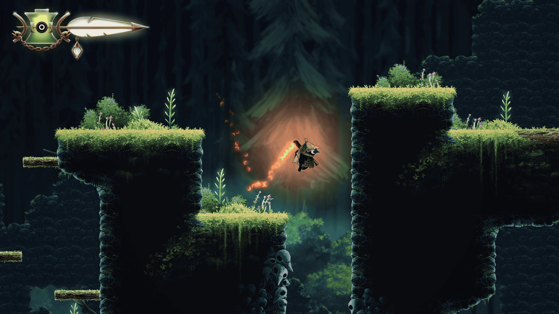 Glimmer the bird jumps over a gap with a torch over her shoulder.